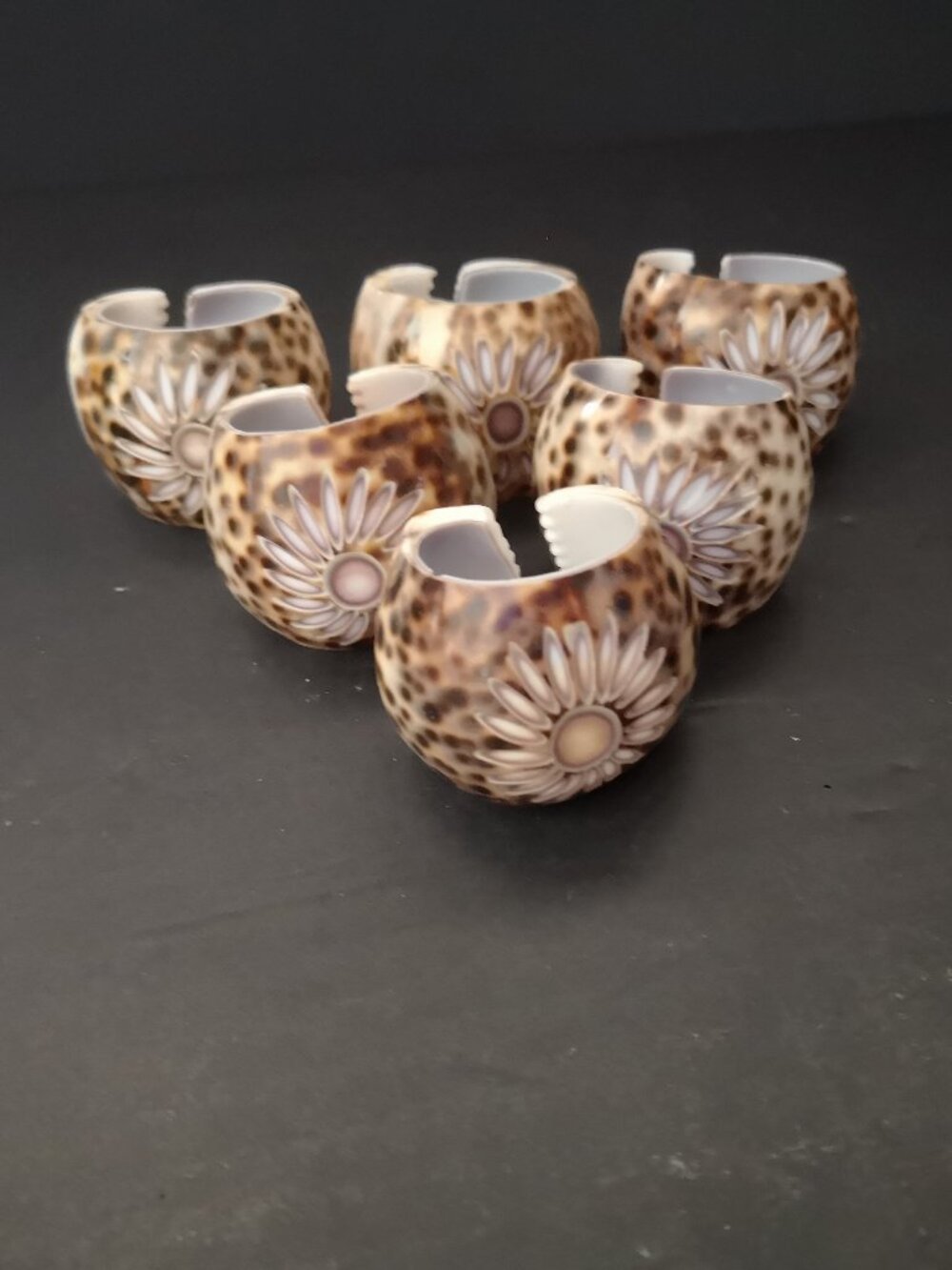 Vintage Tiger Cowrie Shell 6 Napkin Rings w/ Hand Carved Floral Design + 3 Plain